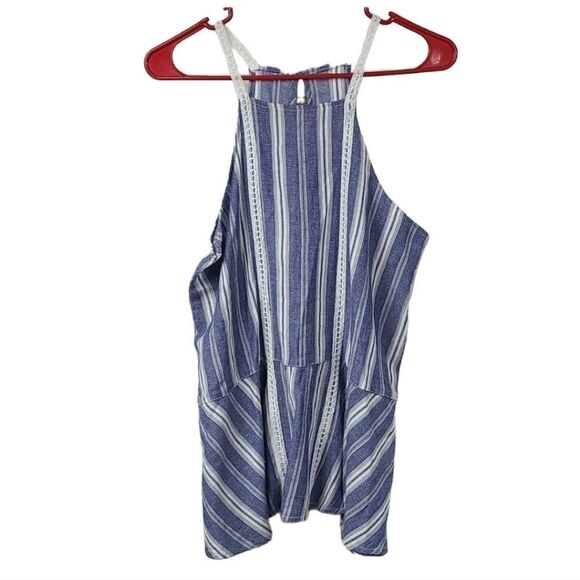 Hollister Juniors Small Soft Blue Stripe Sleeveless Crochet Top Ruffle Racerback - Picture 2 of 10